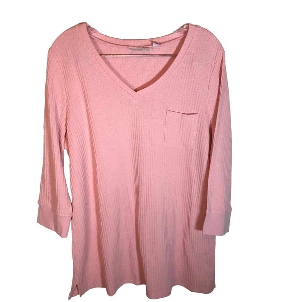 Belle by Kim gravel women’s V-neck waffle knit top size L 3/4 sleeve pocket